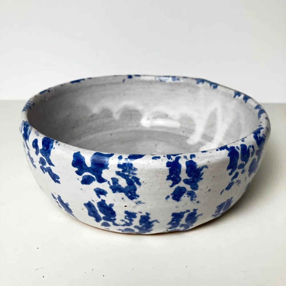 Bybee Pottery Serving Bowl 6.5in White Blue Sponge Glaze Vintage Stoneware
